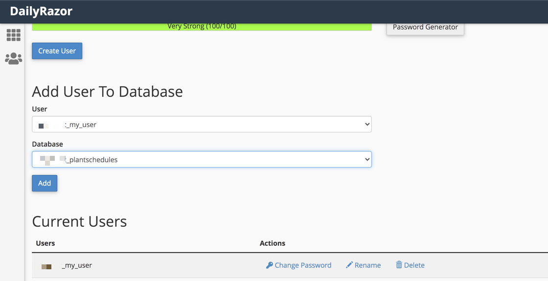 Adding a user to the MySQL Database via CPanel
